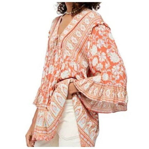 FREE PEOPLE MOONLIGHT DANCE ORANGE & CREAM TUNIC SZ.XS EUC - Picture 2 of 10